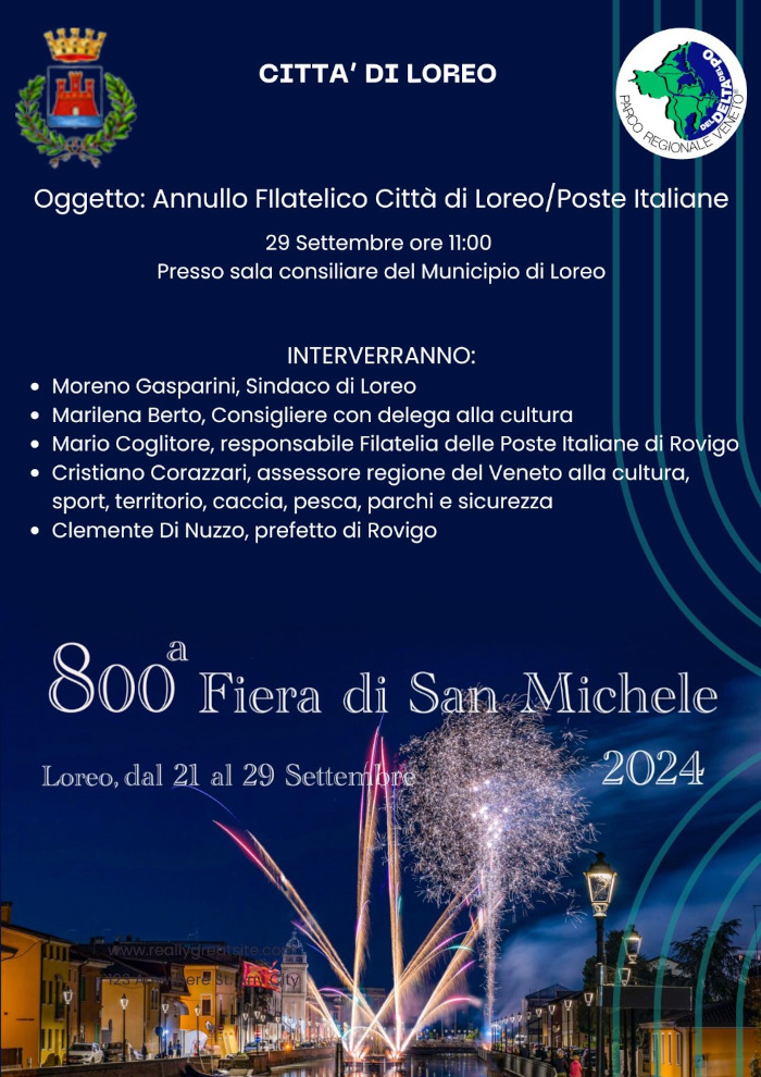 Locandina evento Annullo Filatetico in occasione della 800 edizione dell'Antica Fiera di San Michele a Loreo