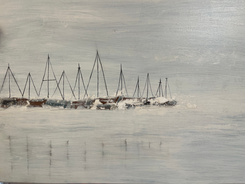 Barche in darsena, dipinto di Mariangela Stocco