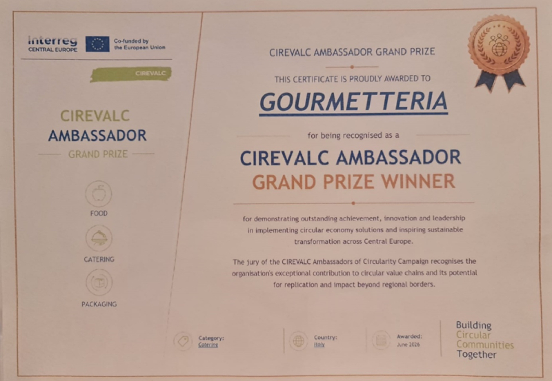 Pergamena del riconoscimento Cirevalc Ambassador Grand Prize Winner 2026 al locale Gourmetteria di Padova