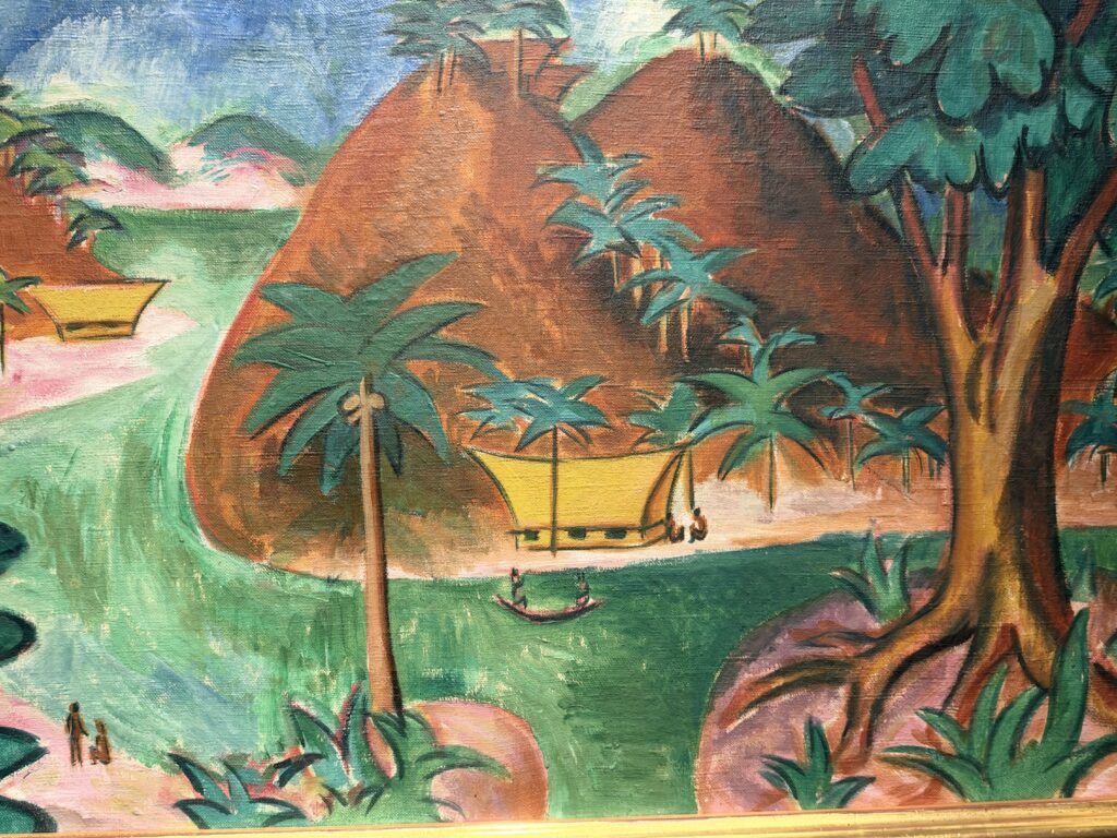 Dipinto espressionista di Max Pechstein raffigurante un paesaggio tropicale con palme e capanne alle Isole Palau