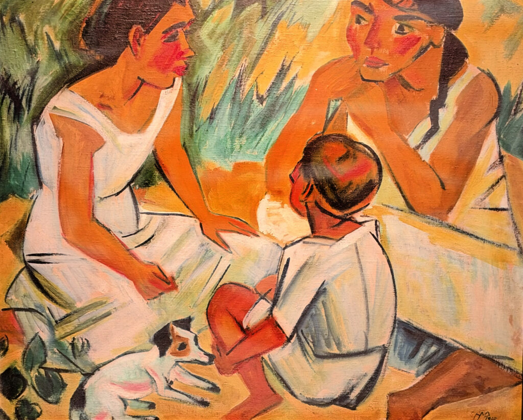 Dipinto La conversazione di Max Pechstein con due donne e un bambino esposto a Palazzo Zabarella