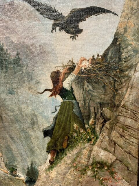 Dipinto ad olio raffigurante una donna su una scogliera che salva un bambino dal nido di un'aquila in montagna