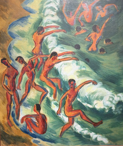 Dipinto espressionista di Max Pechstein raffigurante bagnanti nudi tra le onde del mare