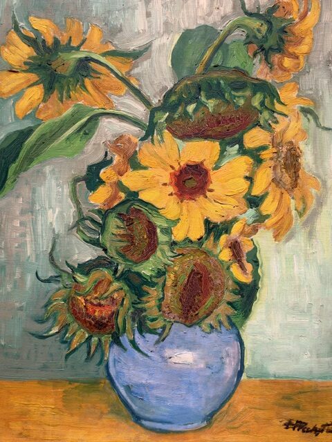 Natura morta espressionista con girasoli e vaso blu di Max Pechstein